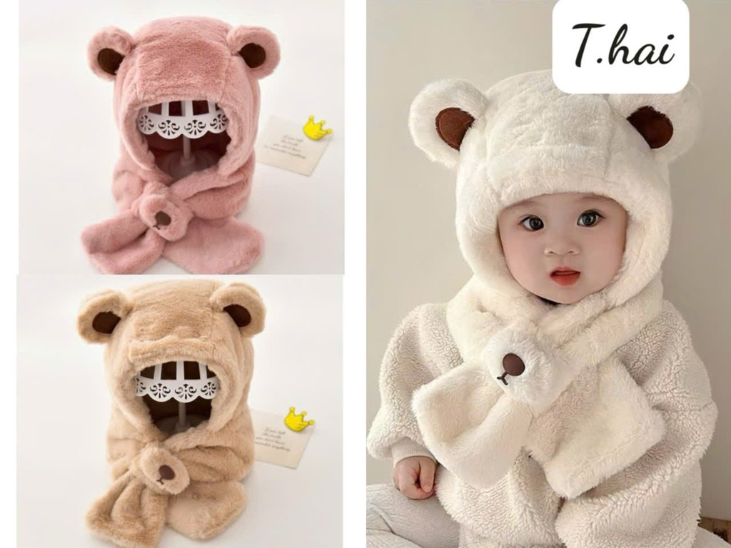 Mũ lông gấu kèm khăn cho bé