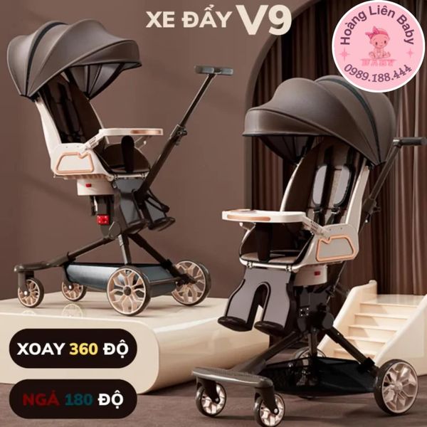 Xe đẩy V9 2 chiều gấp gọn, kèm bàn ăn dặm có nhạc đèn cho bé(mẫu mới nhất)