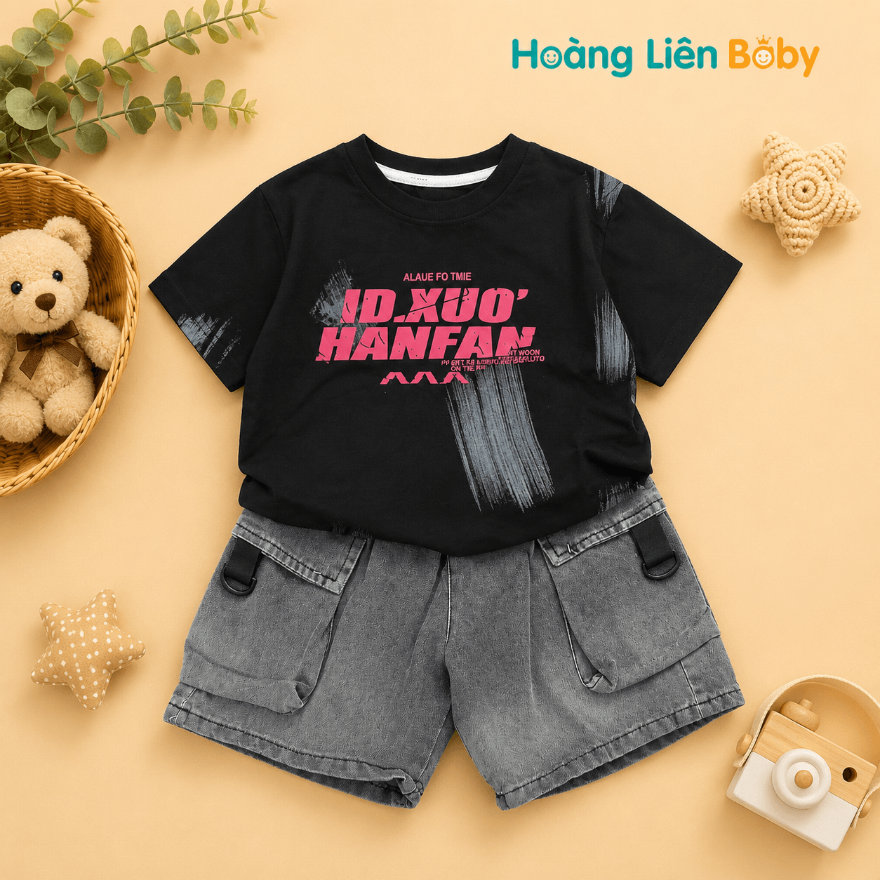 Bộ Áo Thun Cotton Phối Quần Short Jean Túi Hộp Bé Trai Màu Đen Cao Cấp Size 15kg - 40kg