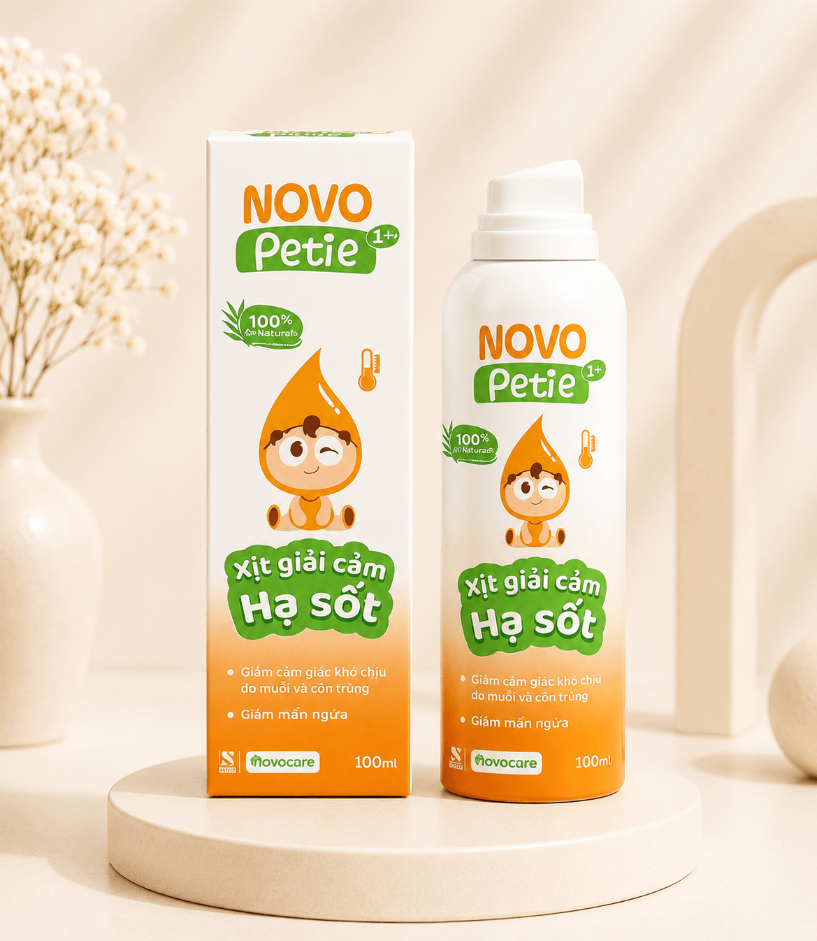 Xịt Giải Cảm Hạ Sốt Novo Petie 100ml – Hỗ Trợ Làm Mát Cơ Thể, Giảm Khó Chịu Khi Bé Bị Sốt
