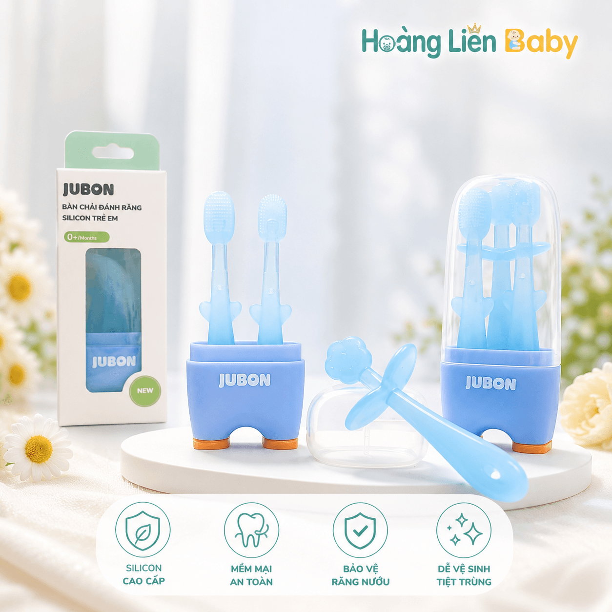 Bàn Chải Đánh Răng Silicon Jubon Cho Bé Kèm Hộp Đựng – Chăm Sóc Răng Miệng Từ 0 Tháng