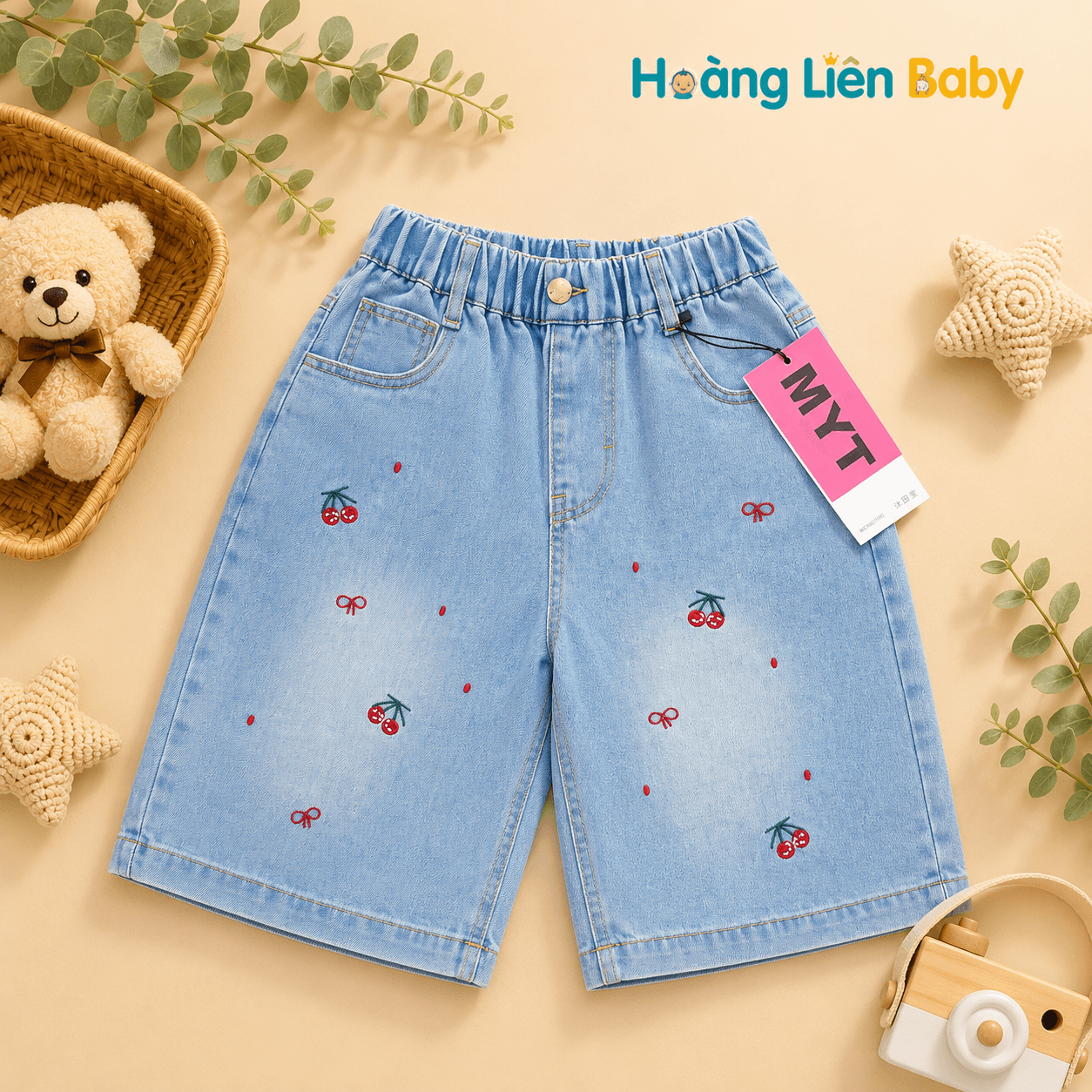 Quần Ngố Jean Bé Gái Thêu Nơ & Quả Cherry Size 31-35