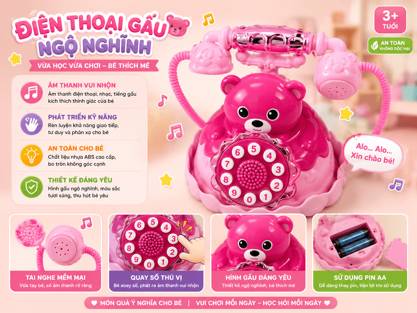 Đồ Chơi Điện Thoại Bàn Cho Bé Có Đèn, Có Nhạc Hình Gấu Dễ Thương