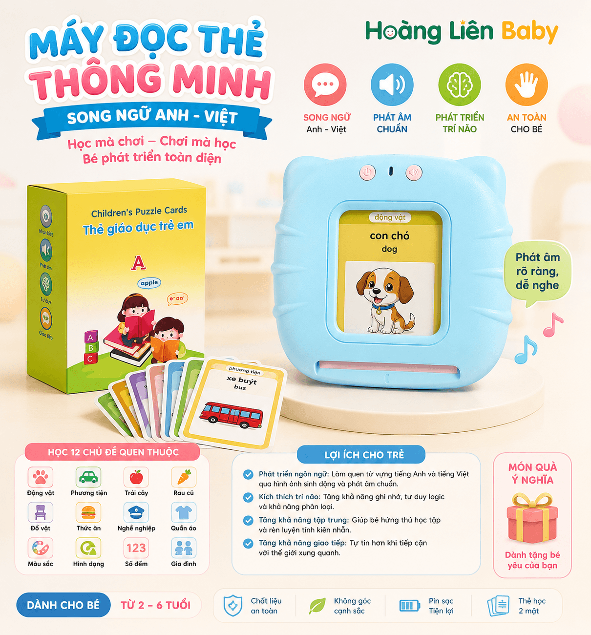 Máy Đọc Thẻ Thông Minh Song Ngữ Anh Việt Cho Bé Kèm Bộ Thẻ Giáo Dục
