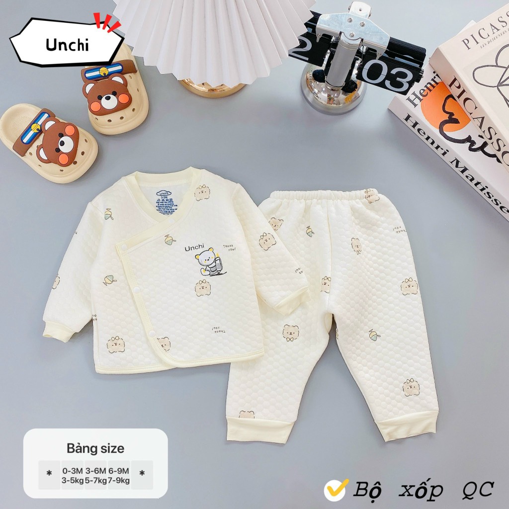 Bộ dài tay quần áo vải xốp trắng Unchi mẫu mới 2024
