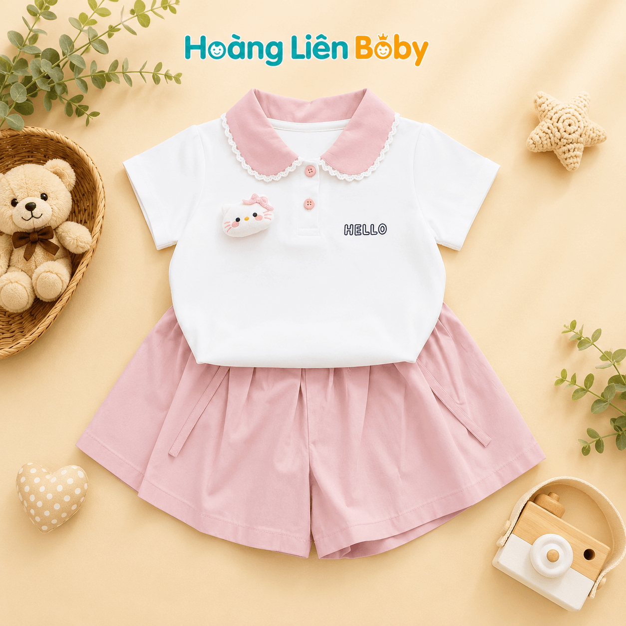 Bộ Polo Bé Gái Áo Trắng Kết Hợp Quần Giả Váy Hồng Cao Cấp Mềm Mát Size 10kg -28kg