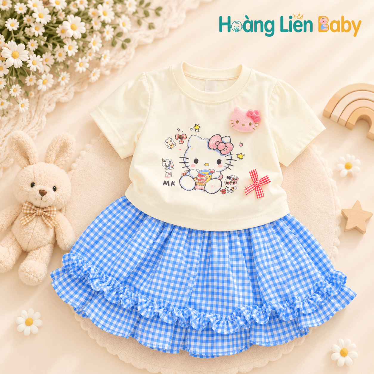 Set Váy Bé Gái Áo Phông Trắng Chân Váy Kẻ Caro Size 11kg - 23kg