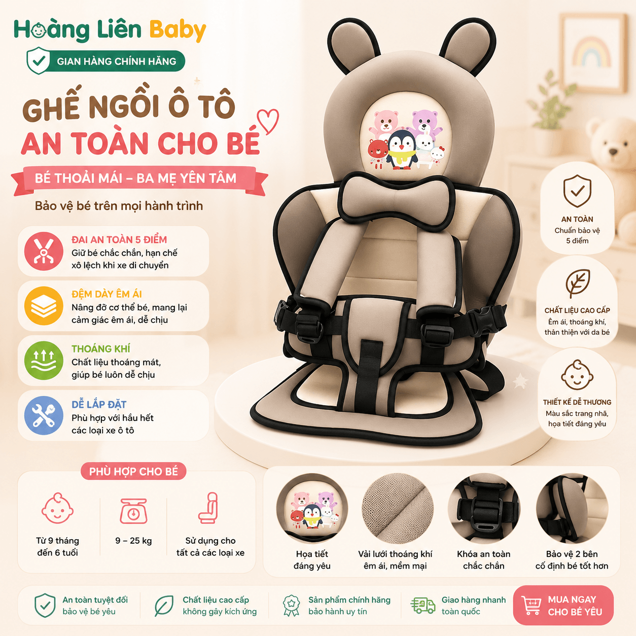 Ghế Ngồi Ô Tô Cho Trẻ Em – Đệm Êm, Đai An Toàn Nhiều Điểm, Thiết Kế Dễ Thương
