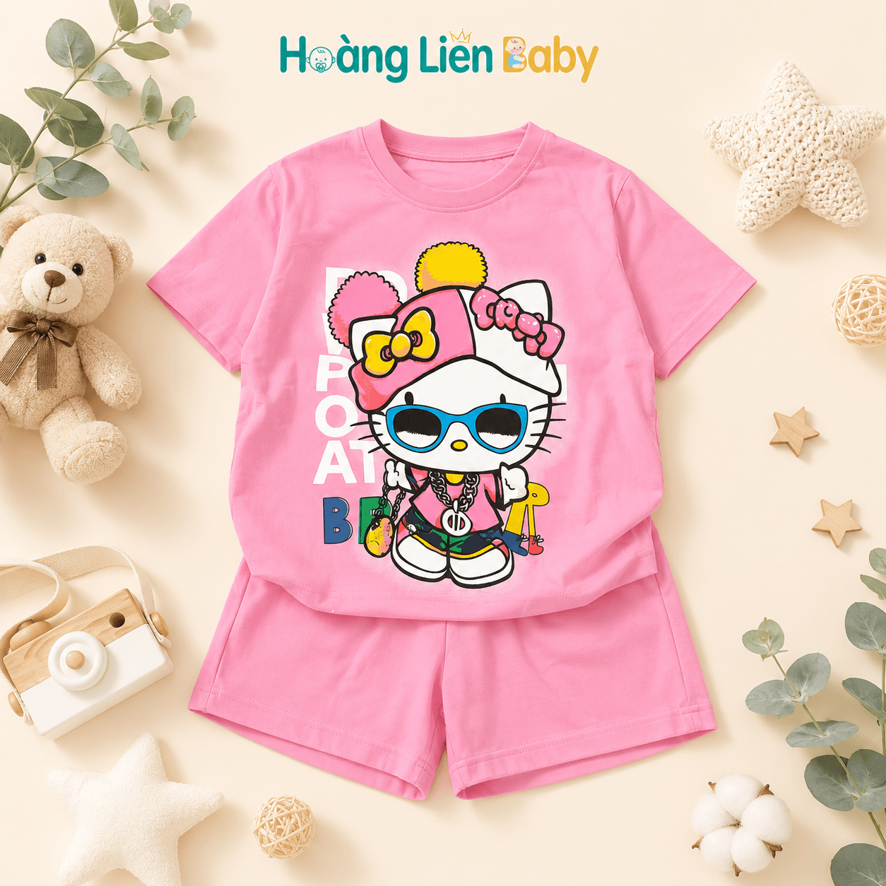 Bộ Cotton Bé Gái Hình Mèo Hello Kitty Màu hồng – Cotton Mềm Mát, Hình In Cách Nhiệt (Size 130–170)