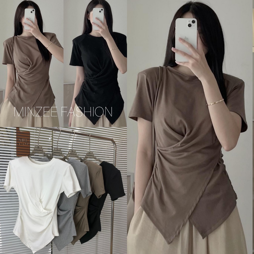 Áo thun nữ cổ tròn nhún eo chất mềm mát, co dãn 4 chiều