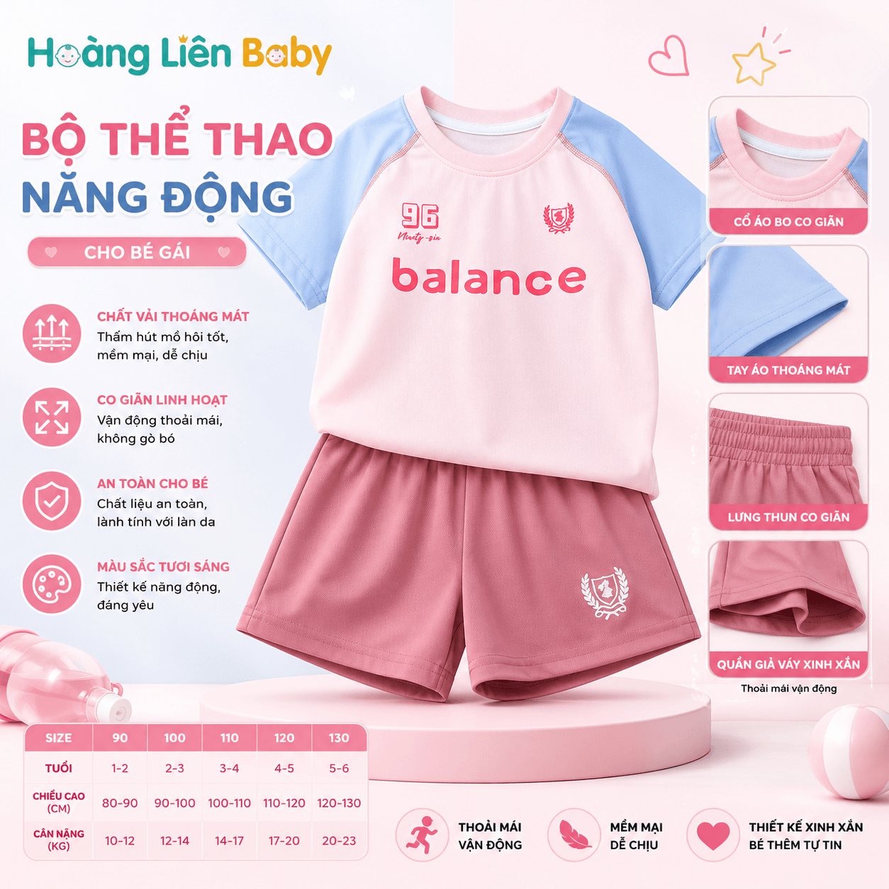 Bộ Thể Thao Bé Gái Balance 96 Cao Cấp Mềm Mịn Mát Lạnh Size 90-130