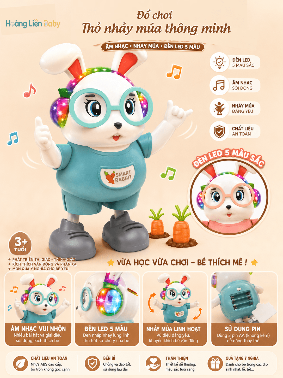 Đồ chơi thỏ nhảy múa thông minh có đèn LED và âm nhạc cho bé