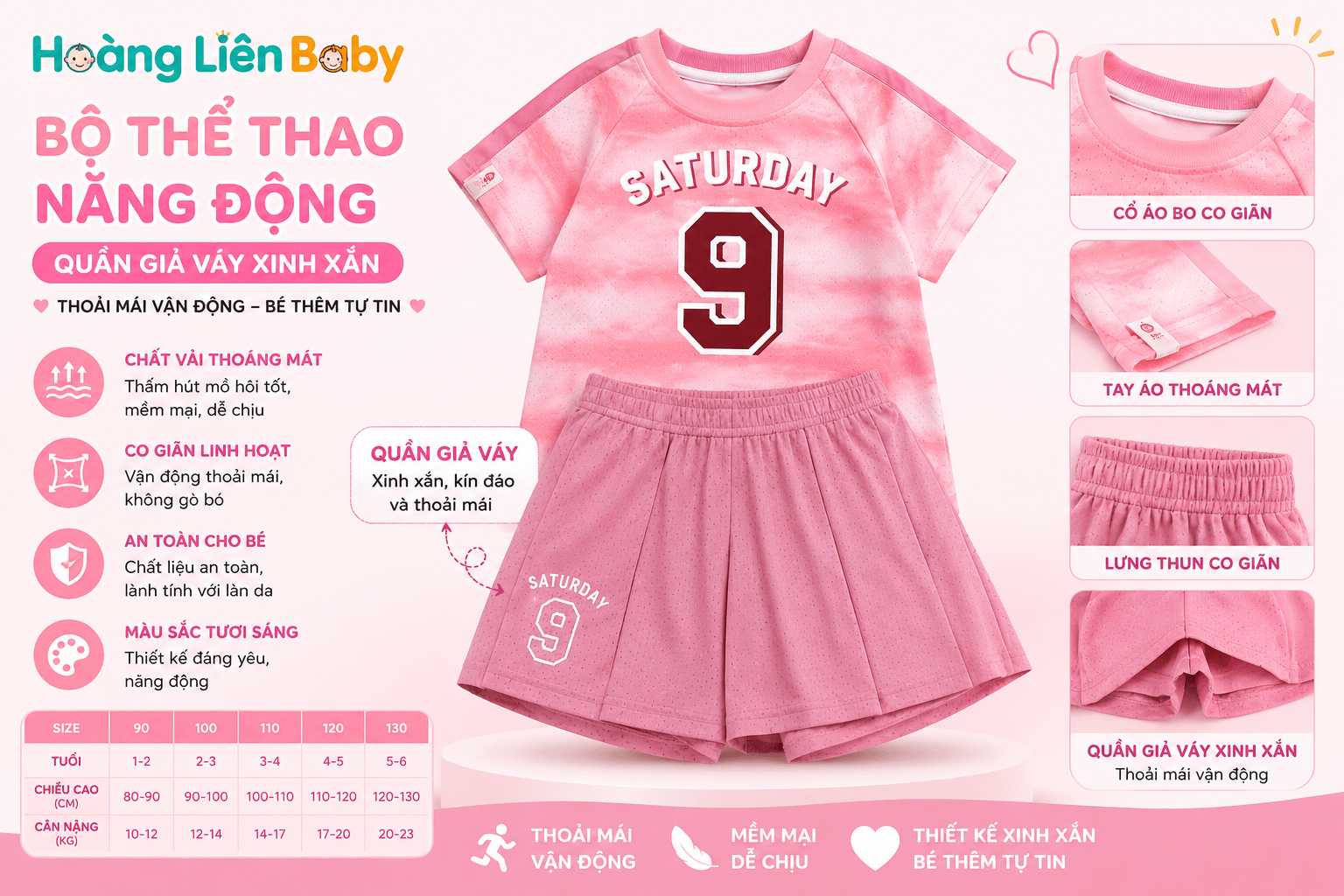 Bộ Thể Thao Bé Gái SATURDAY 9 Cao Cấp Mềm Mịn Mát Lạnh Size 90-130