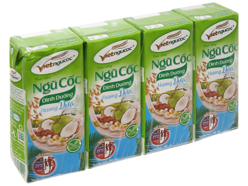 Lốc 4 Hộp Thức Uống Ngũ Cốc Dinh Dưỡng Hương Dừa Việt Ngũ Cốc 180ml