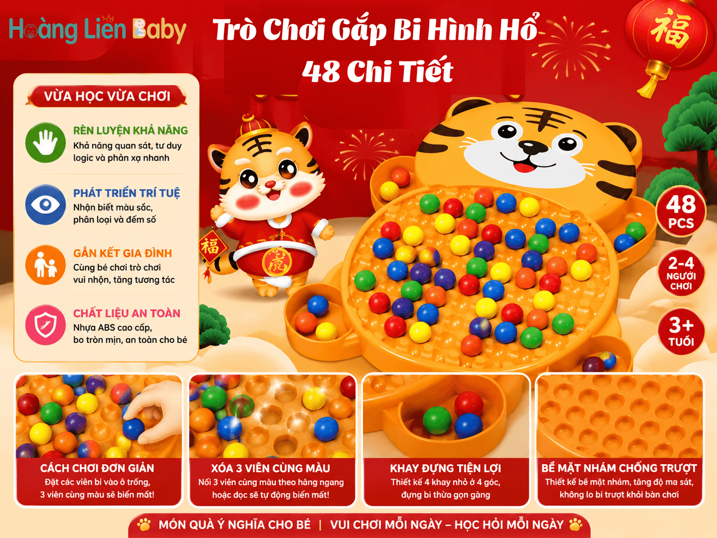 Trò chơi gắp bi hình hổ 48 chi tiết cho bé từ 3 tuổi trở lên