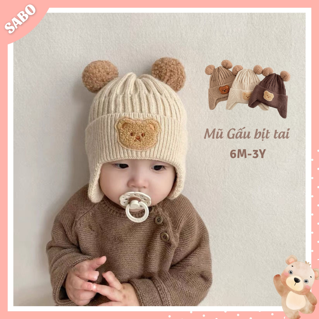 Mũ/Nón len cho bé chùm tai ấm áp, đính hình gấu hai quả bông màu sắc dễ thương, từ 5 tháng đến 3 tuổi