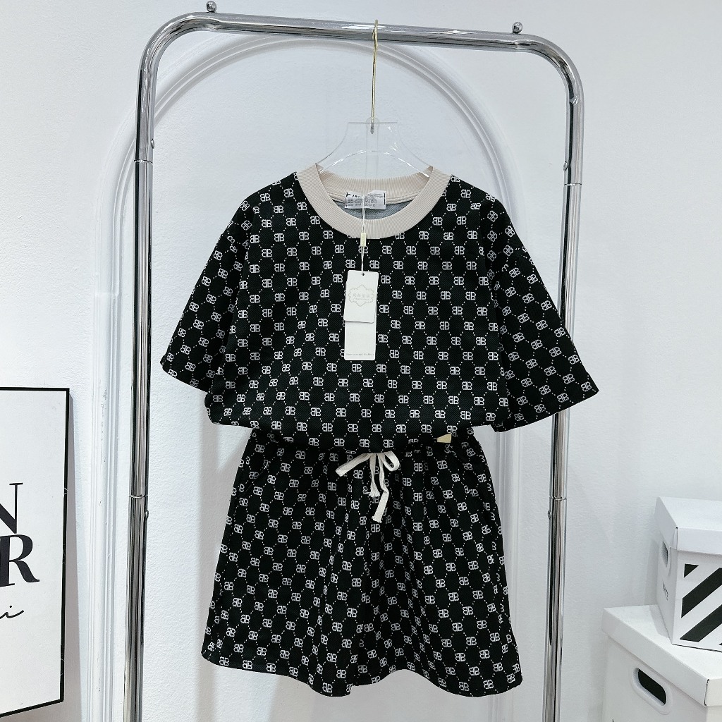 Set Bộ Đồ Nữ Họa Tiết Chữ BB Áo Phông Ngắn Tay Phối Viền Cổ Mix Quần Sooc Đùi Freesize Form Rộng