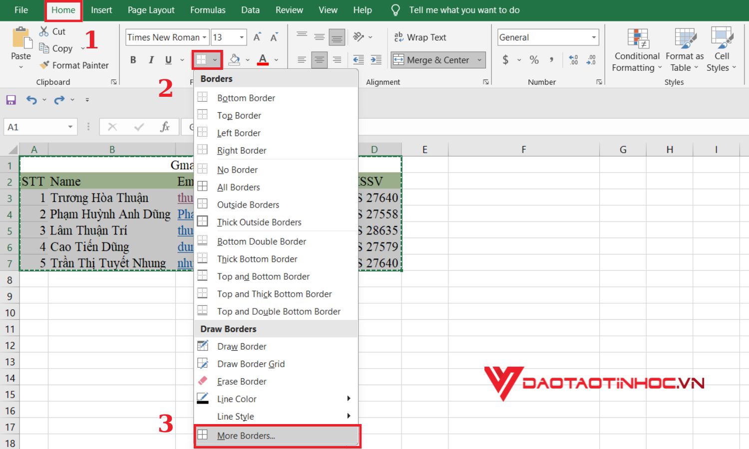 Cách kẻ khung trong Excel bằng công cụ Border - bước 2