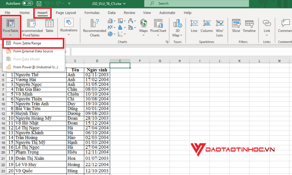 Cách sử dụng Pivot Table - Bước 1