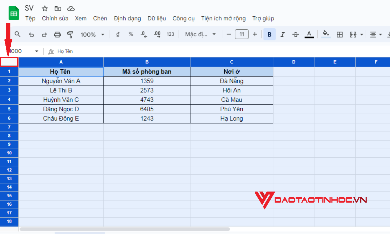 Cách tạo bộ lọc trong Google Sheet - Bước 1