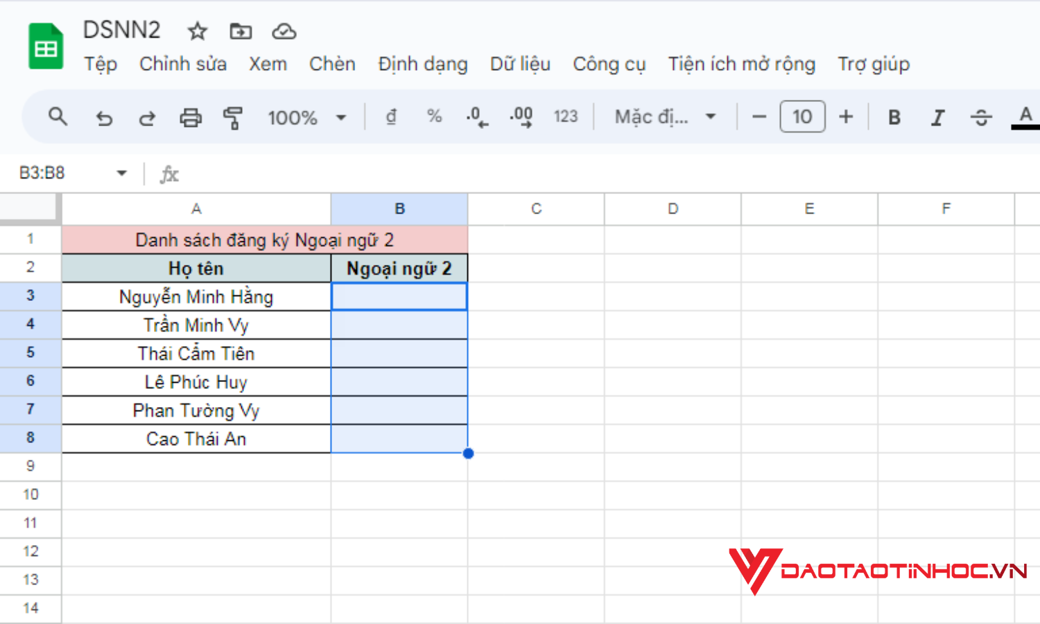 Cách tạo lựa chọn trong Google Sheet bằng dữ liệu tự nhập - Bước 1