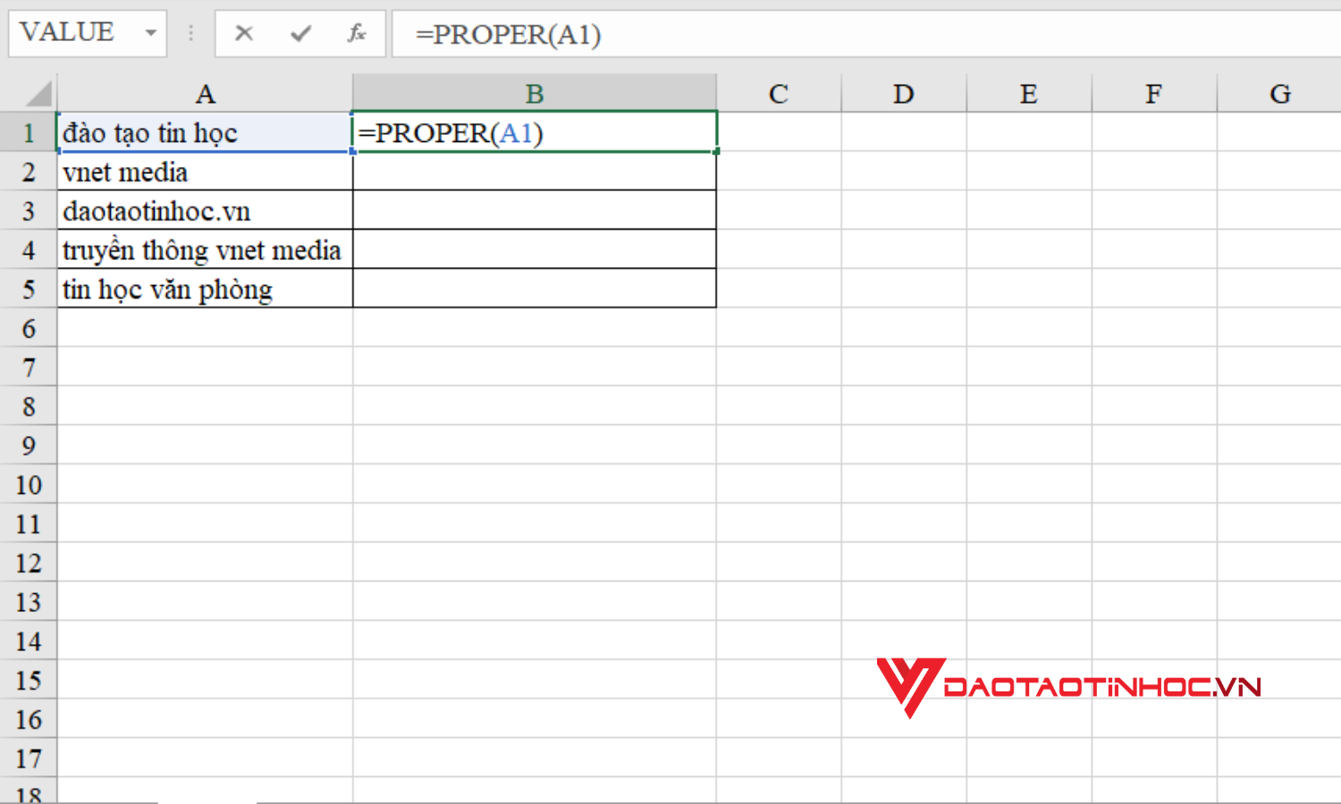 Chuyển chữ thường thành chữ hoa trong Excel bằng hàm PROPER - Bước 1