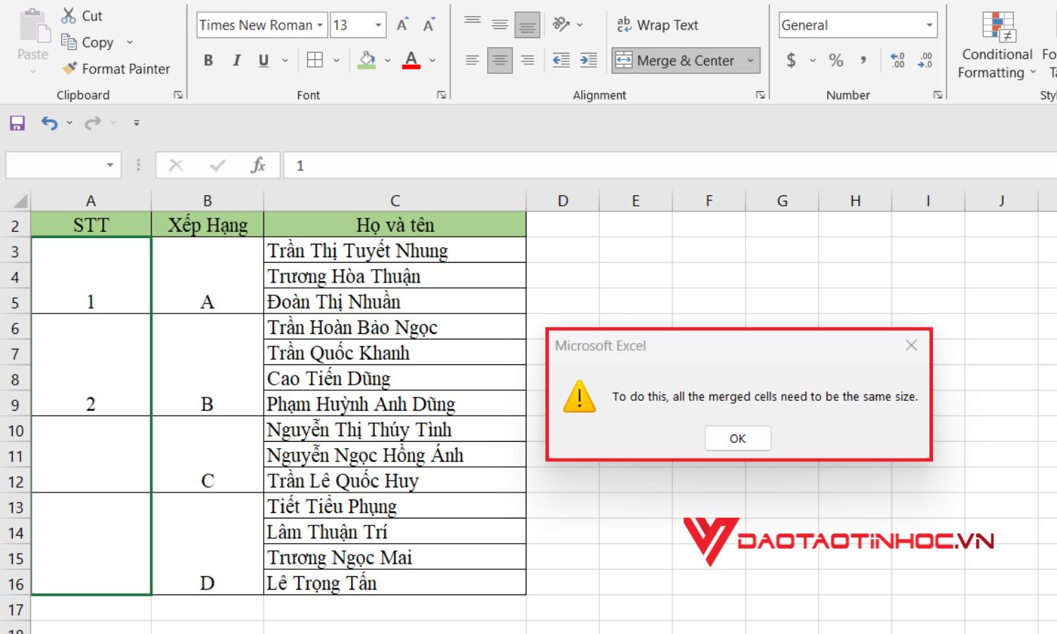 Hạn chế 1 cách đánh số thứ tự khi gộp ô trong Excel 