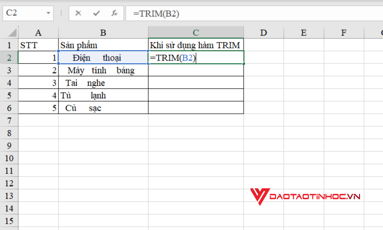 Hướng dẫn cách dùng hàm TRIM Excel - Bước 1