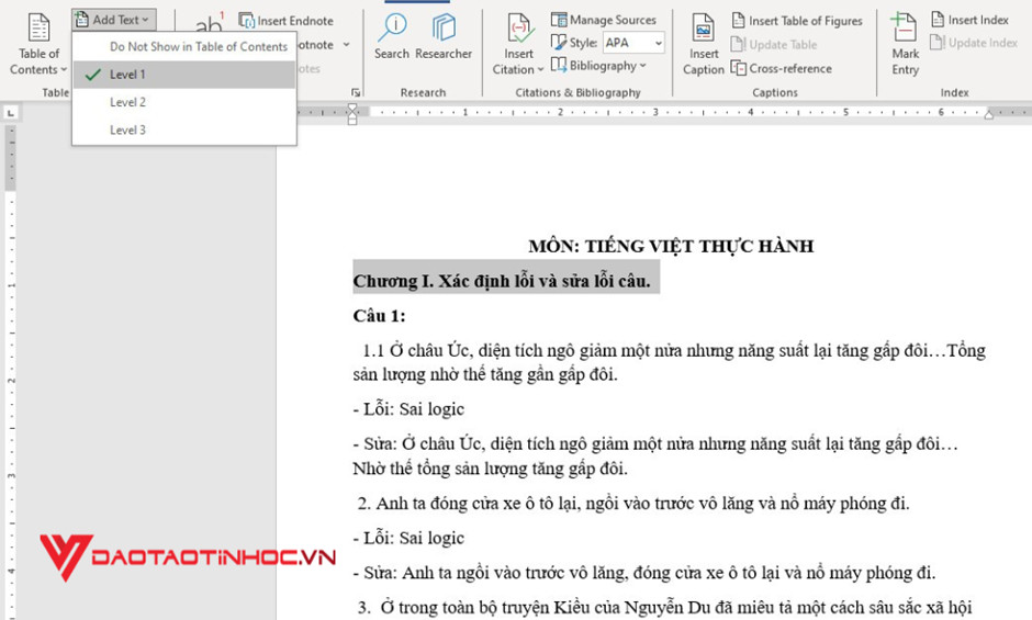 Tạo mục lục tự động trong Word - Level 1