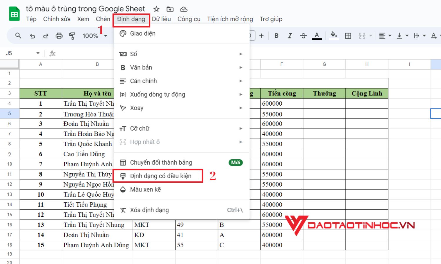 Thao tác thực hiện tô màu ô trùng trong Google Sheet - Bước 1