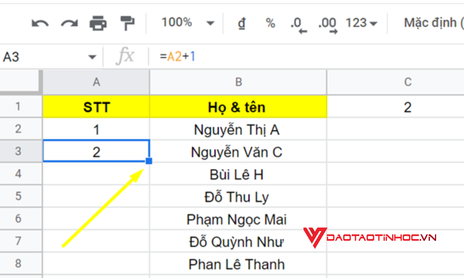 Cách đánh số thứ tự trong Google Sheet bằng cách cộng thêm 1 vào số của ô trước đó - Bước 3