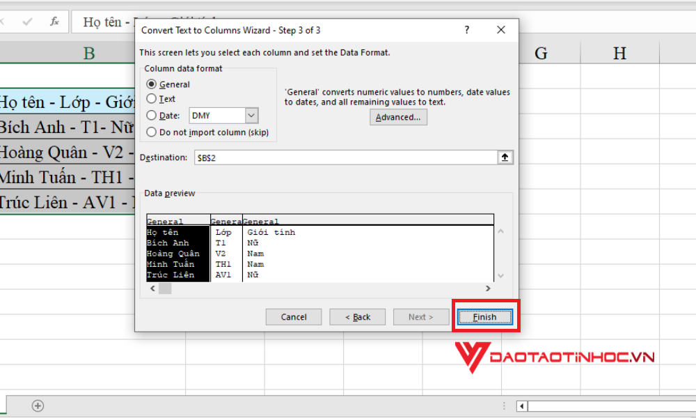 Cách tách 1 ô thành nhiều ô trong Excel - Bước 5