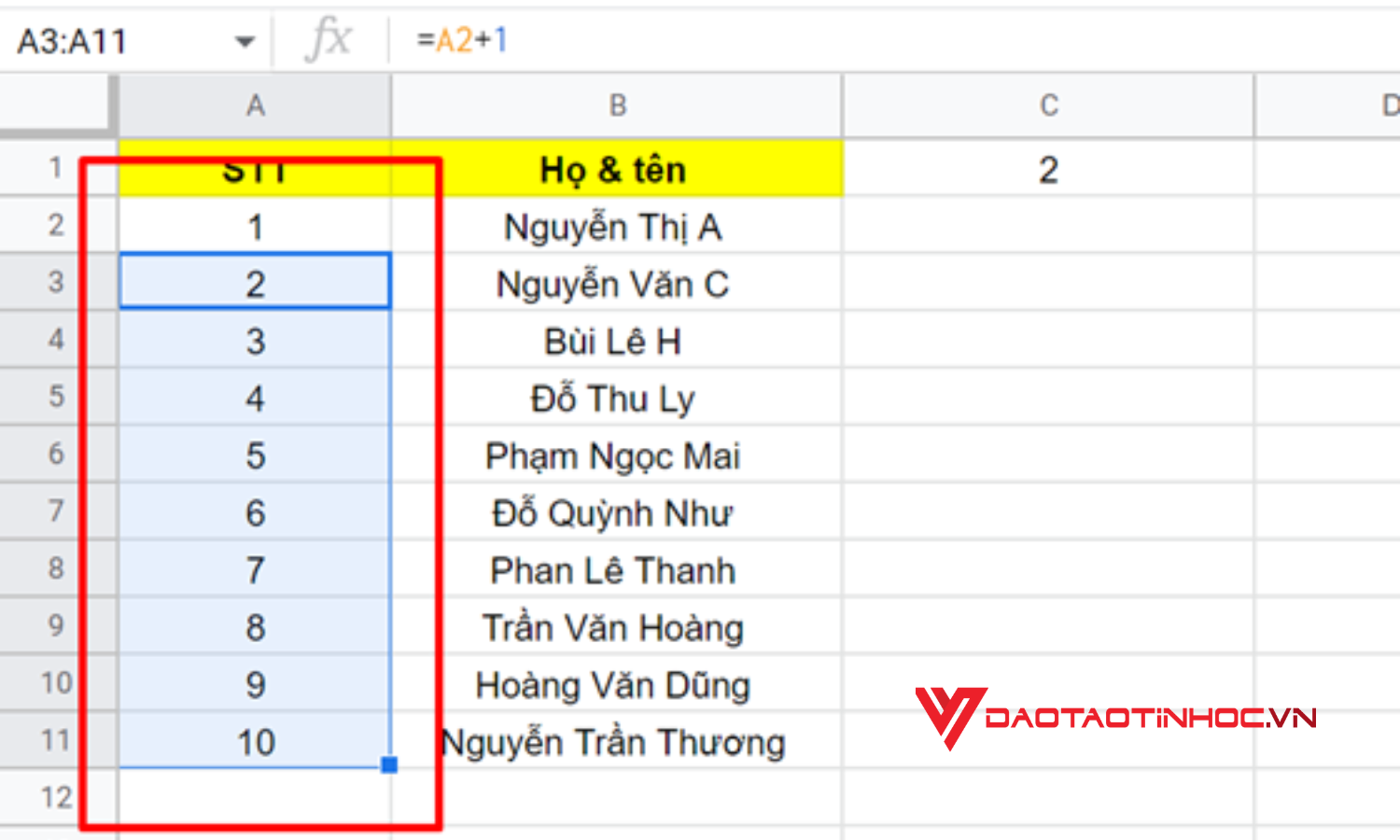 Cách đánh số thứ tự trong Google Sheet bằng cách cộng thêm 1 vào số của ô trước đó - Kết quả