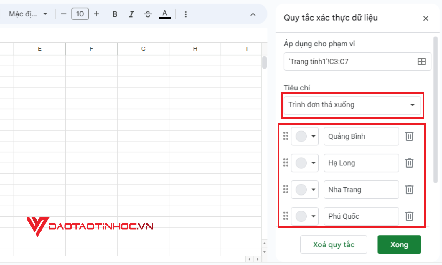 Cách tạo lựa chọn trong Google Sheet bằng cách tự nhập dữ liệu - Bước 4