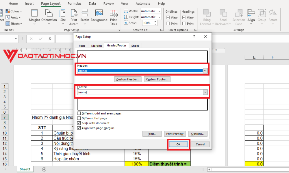 Bỏ đánh số trang trong Excel - Bước 2