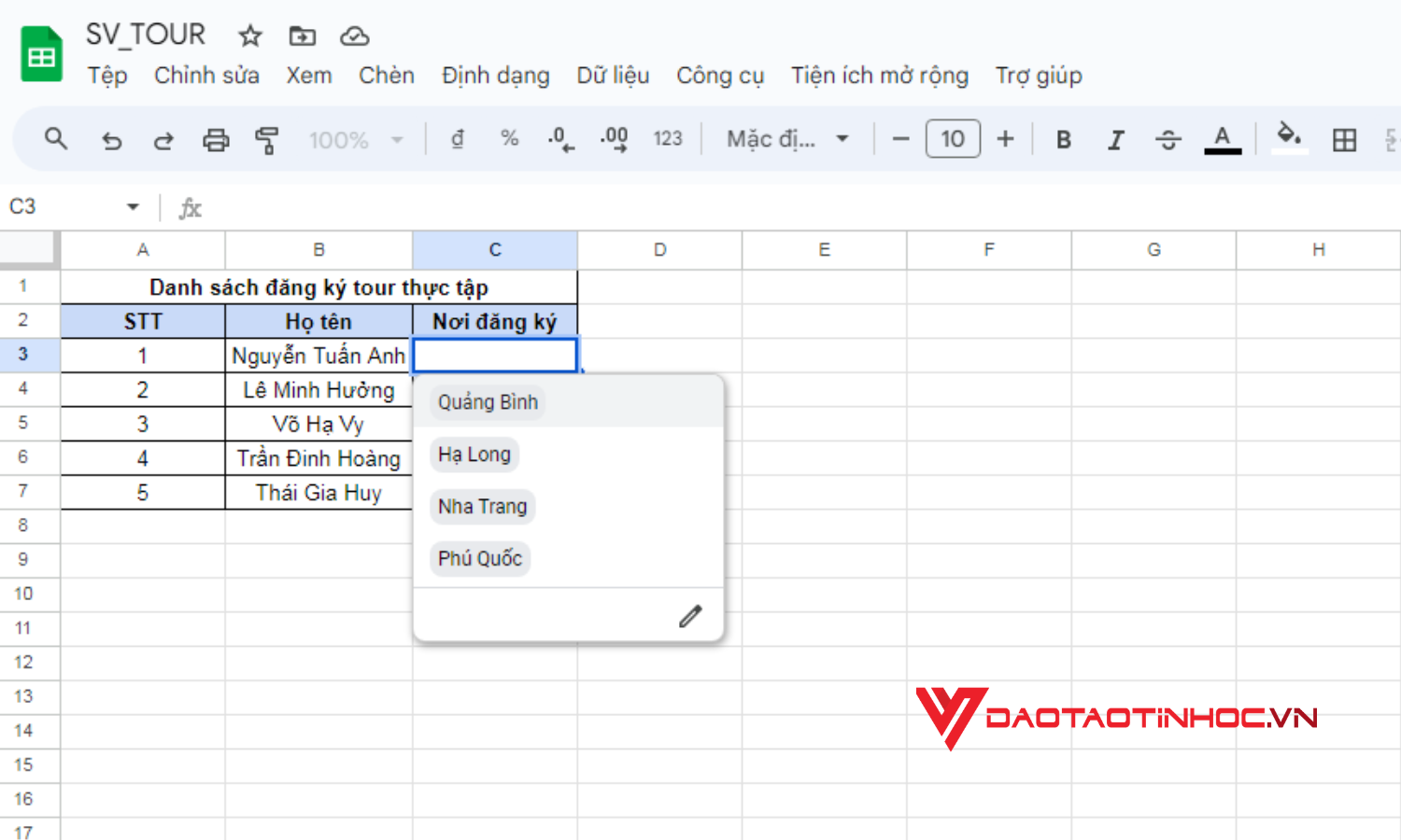Cách tạo lựa chọn trong Google Sheet bằng cách tự nhập dữ liệu - Kết quả