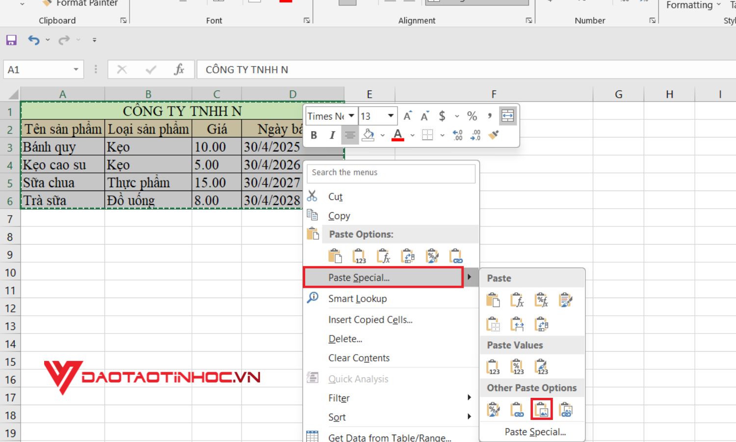 Cách copy trong excel giữ nguyên định dạng hình ảnh - Bước 2 