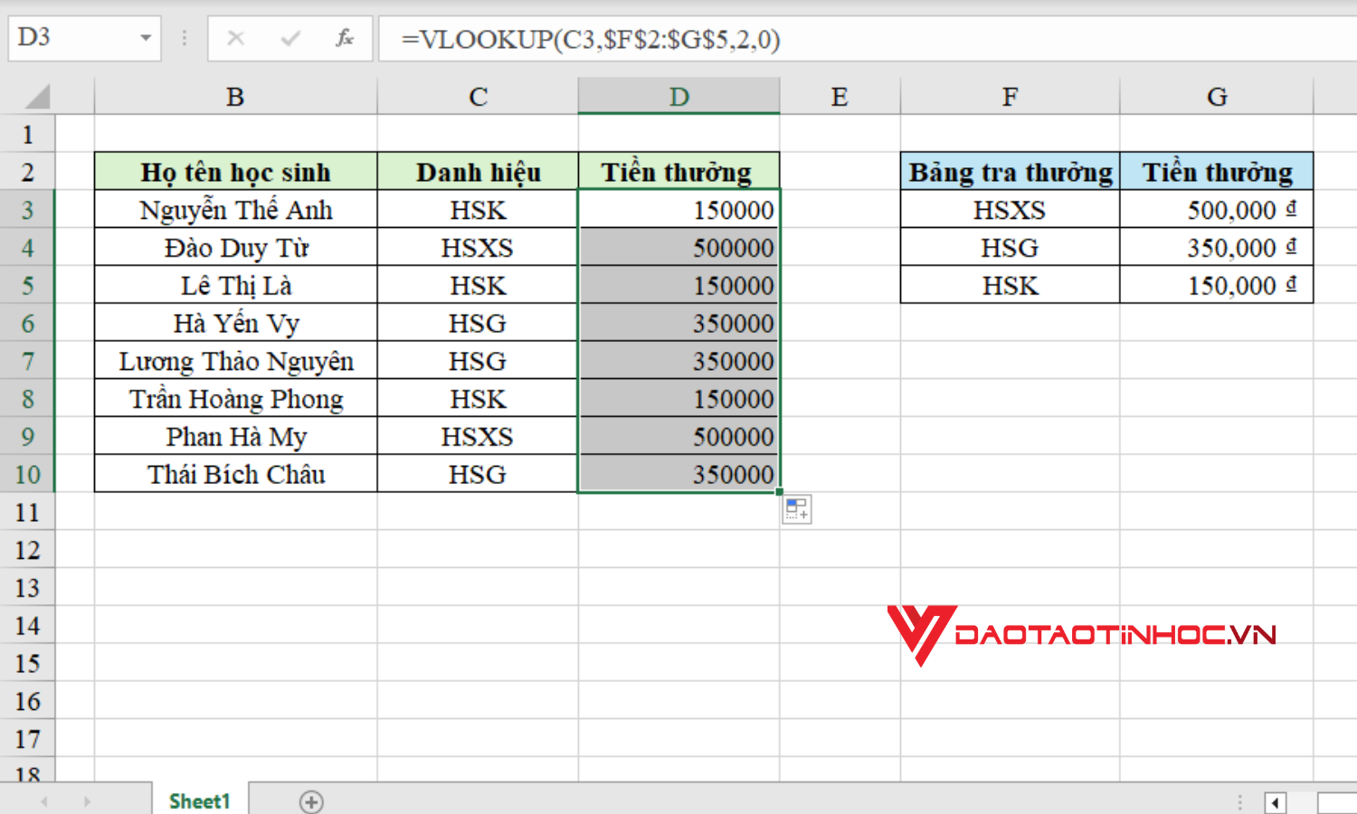 Cách dùng hàm VLOOKUP - Bước 2