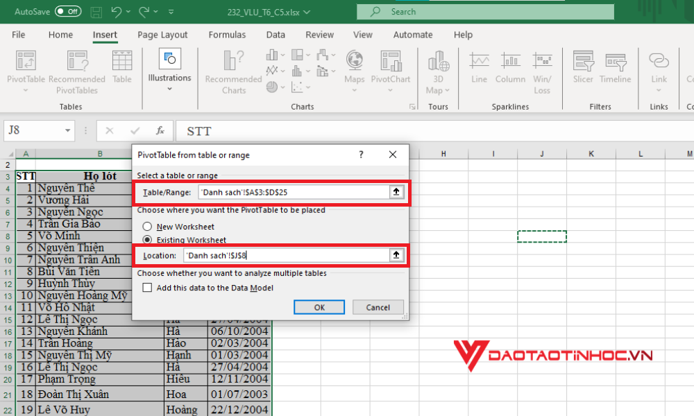 Cách sử dụng Pivot Table - Bước 2