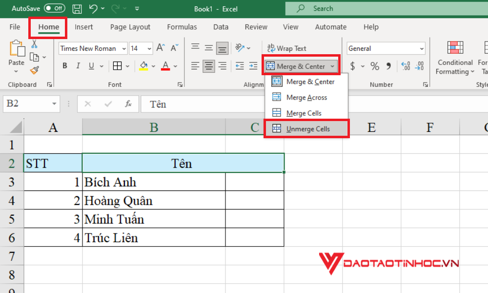 Cách tách ô trong Excel đã gộp trước đó - Bước 2