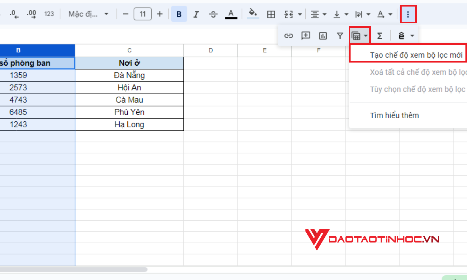 Cách tạo bộ lọc trong Google Sheet - Bước 2