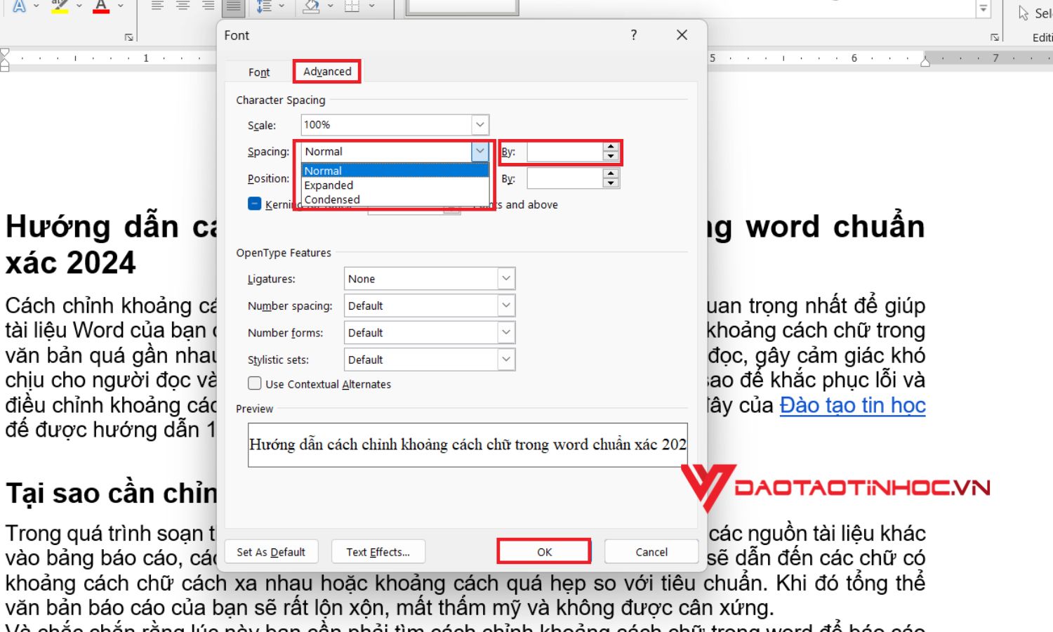 Chỉnh khoảng cách giữa các chữ trong Word - Bước 2