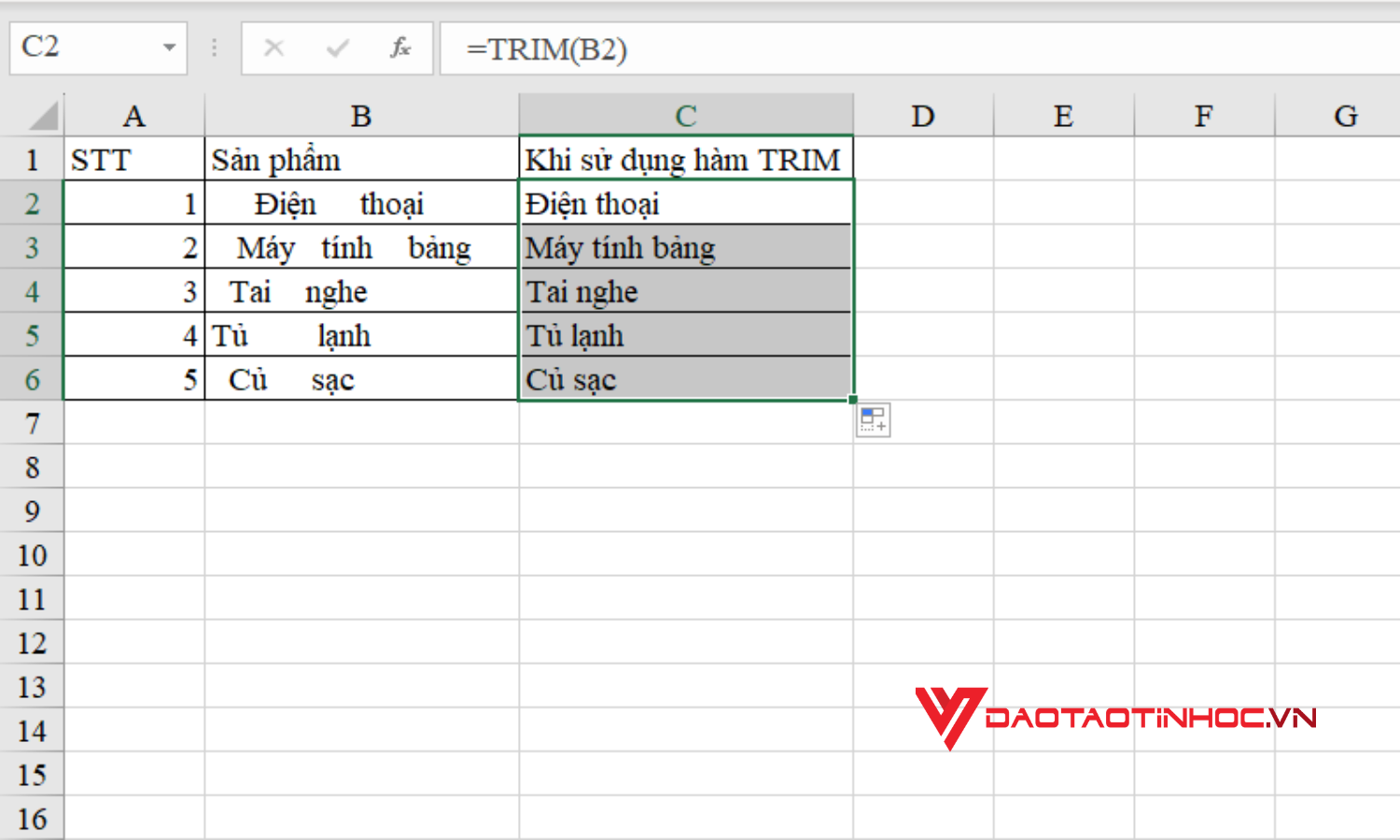 Hướng dẫn cách dùng hàm TRIM Excel - Bước 2