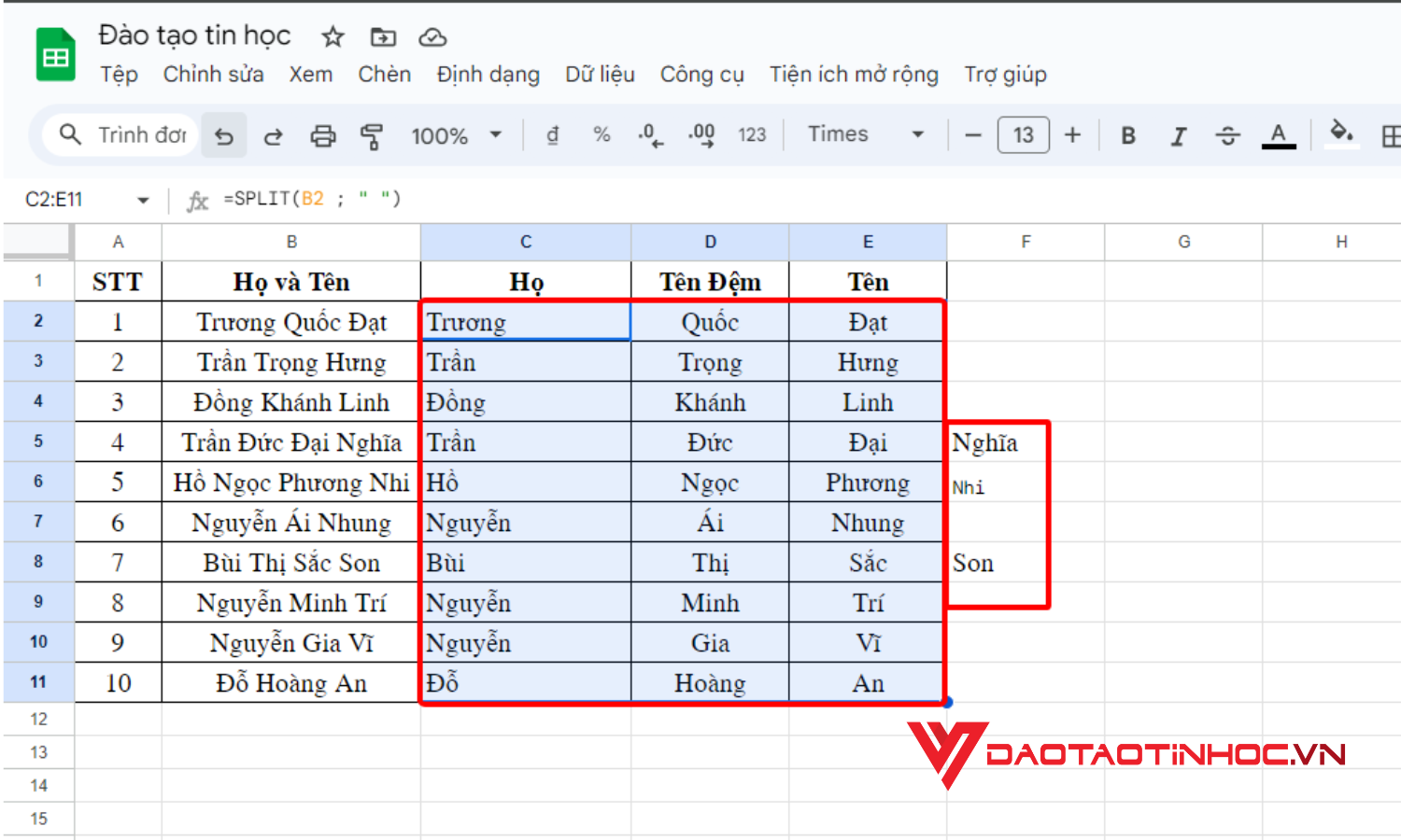 Kéo chuột đến hết dữ liệu cần tách