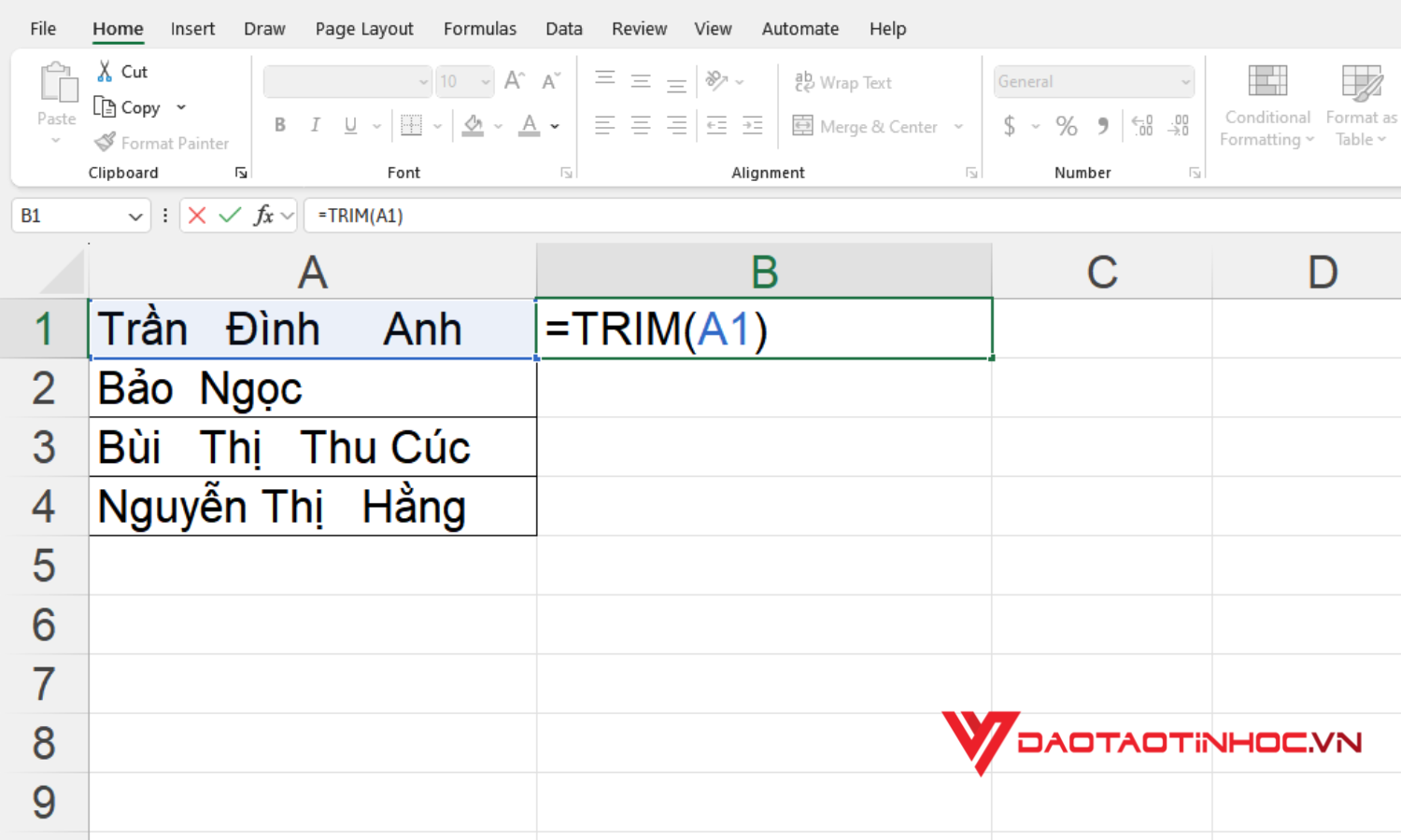 Nhập công thức của hàm TRIM để xóa khoảng trắng
