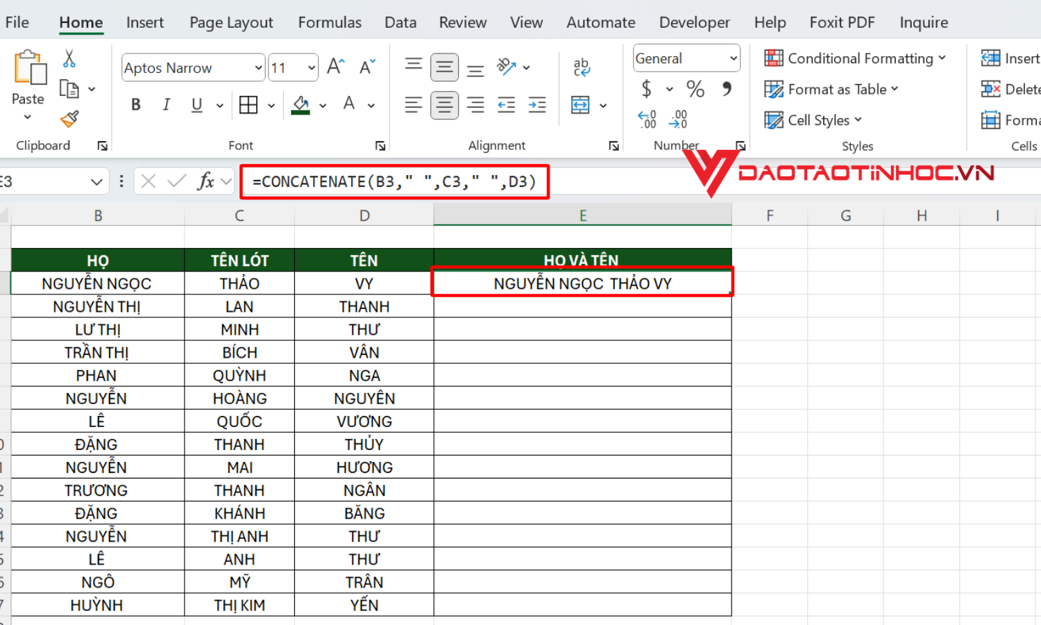 Nối chuỗi có điều kiện trong Excel bằng  hàm CONCATENATE - bước 1