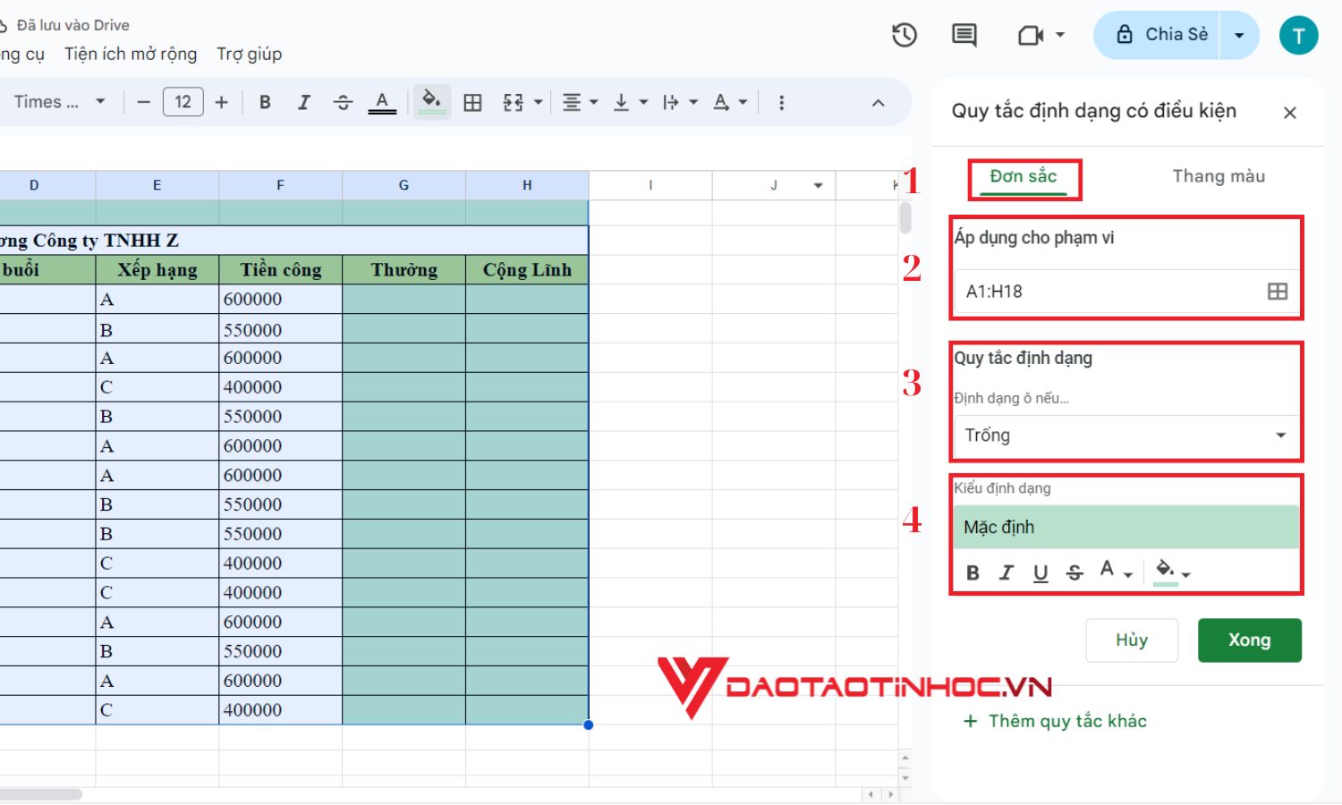 Thao tác thực hiện tô màu ô trùng trong Google Sheet - Bước 3