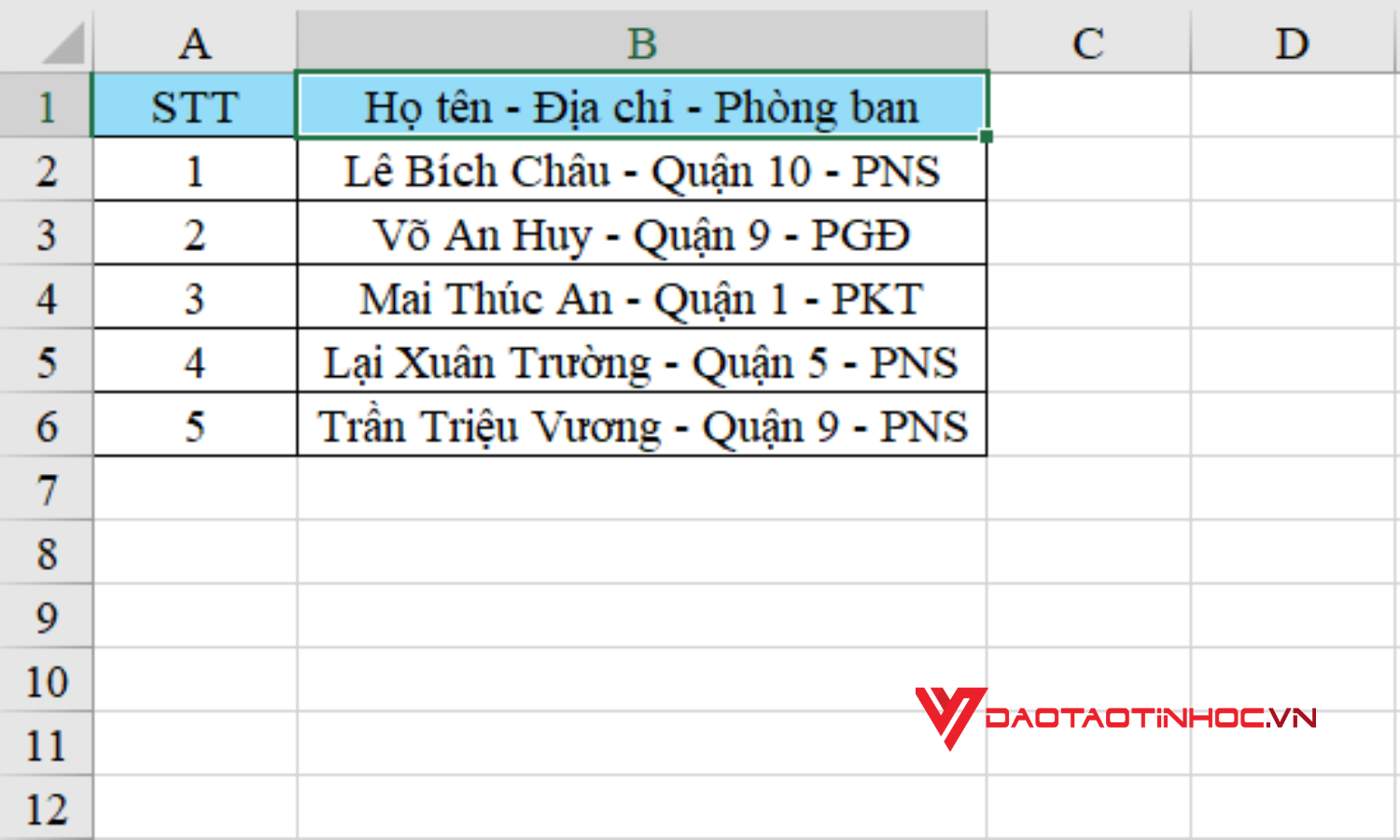 Cách chia 1 ô thành nhiều ô trong Excel bằng Text to Columns - Bước 1