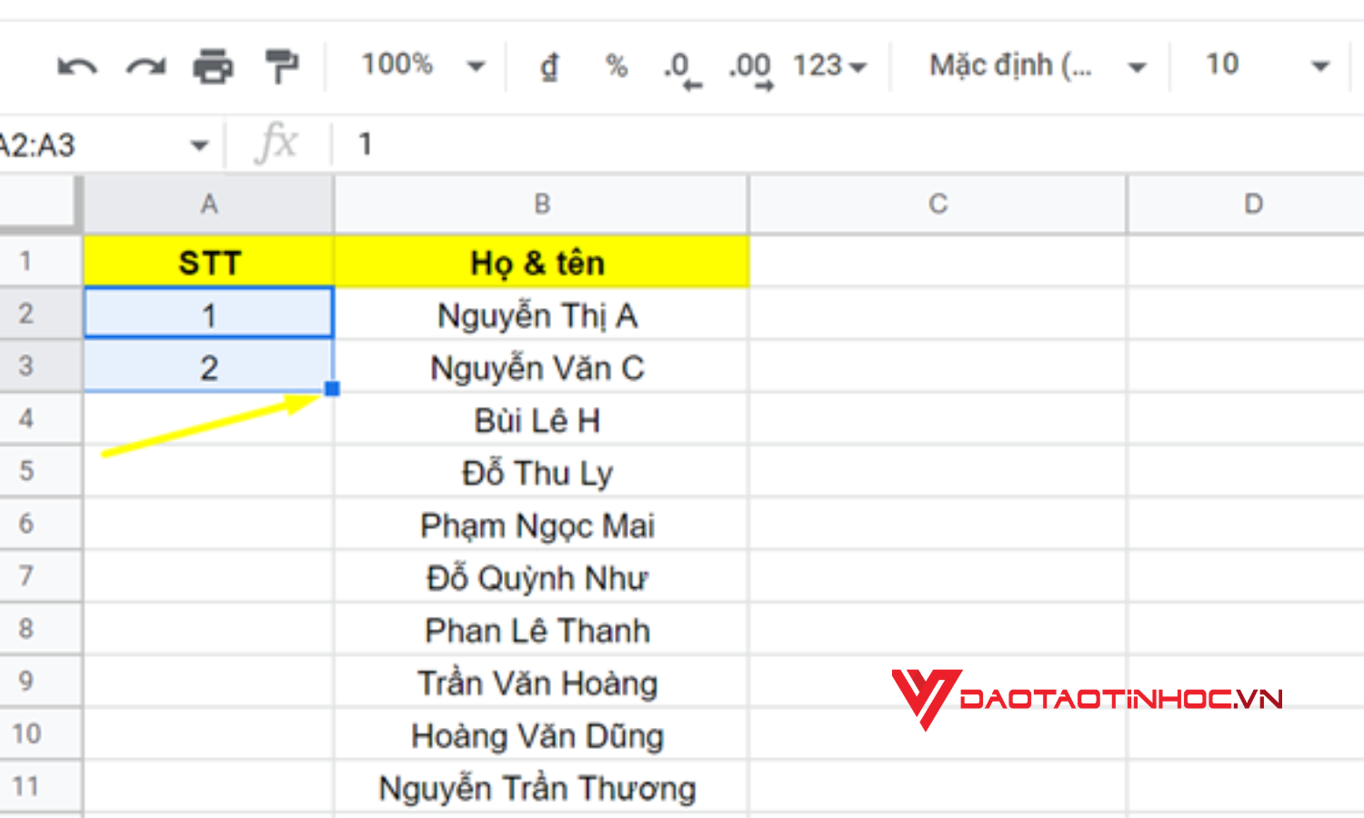 Cách đánh số thứ tự trong Google Sheet tự động - Bước 3