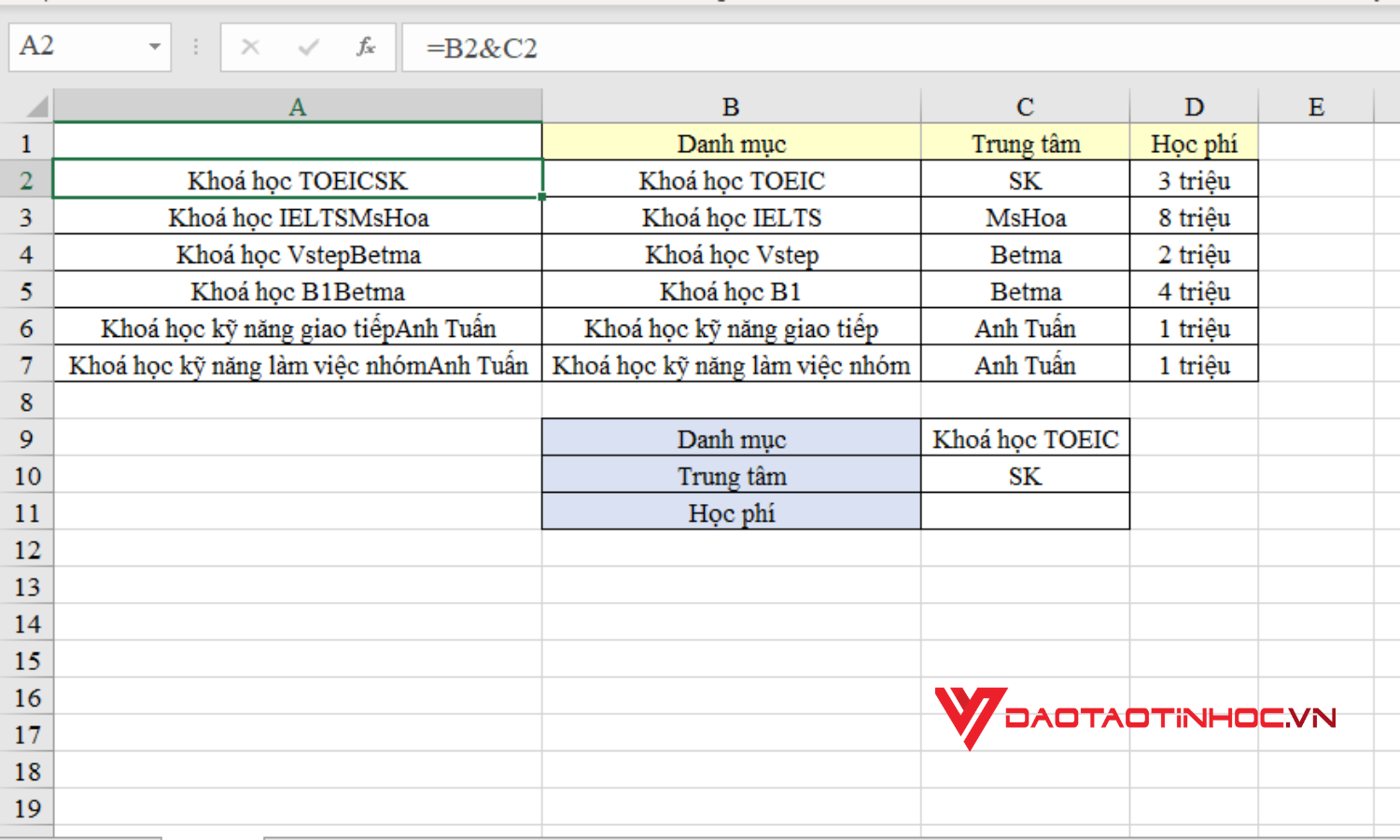 Cách dùng hàm VLOOKUP nhiều điều kiện - Bước 1